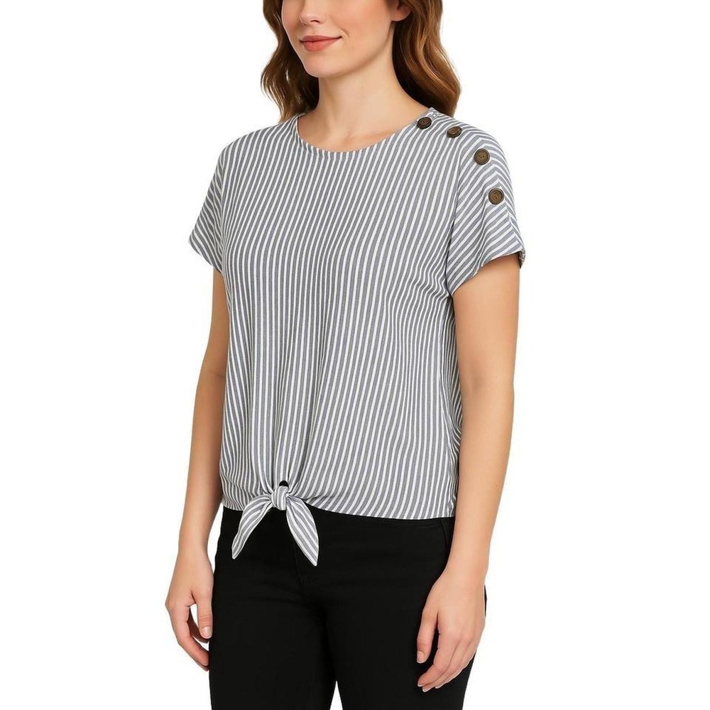Lavish Blue Striped Front Tie Knot Short Sleeve Button Shoulder Large